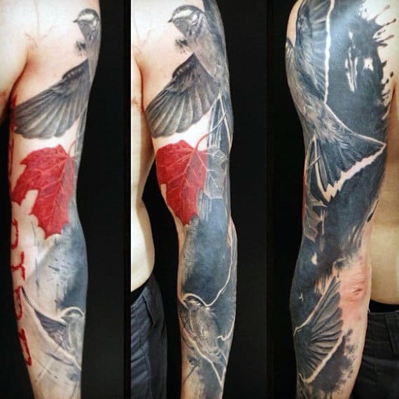 Abstract Watercolor Red Maple Leaf Mens Sleeve Tattoos