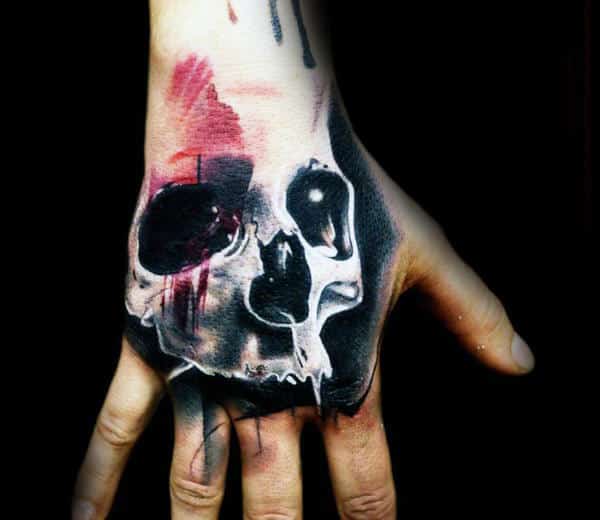 Abstract Wateroclor Skull Hand Tattoos For Guys