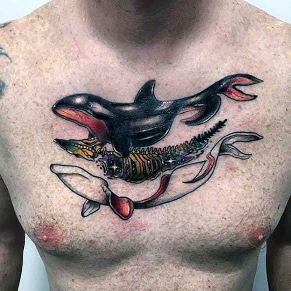 Abstract Whale Bones Outer Space Unique Chest Tattoo On Male