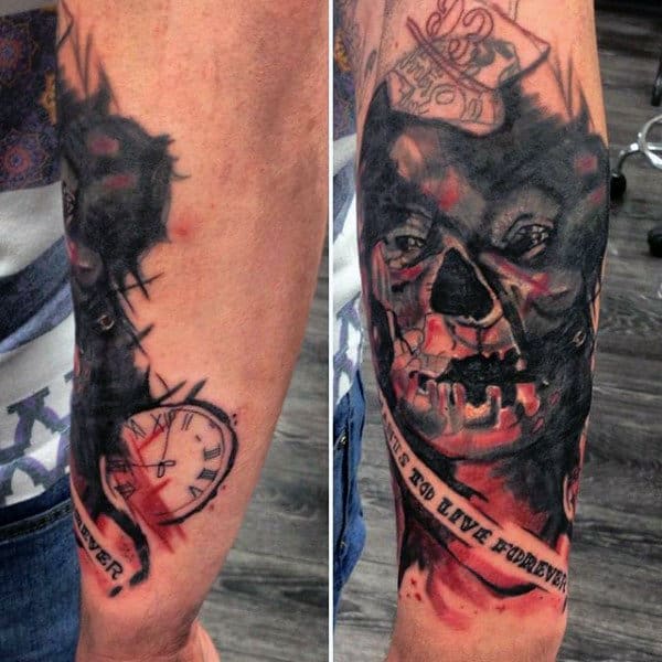 Abstract Zombie Watercolor Mens Outer Forearm Tattoos