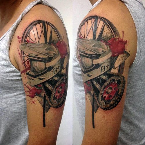 Abstrtact Motocross Themed Guys Arm Tattoo With Watercolor Design