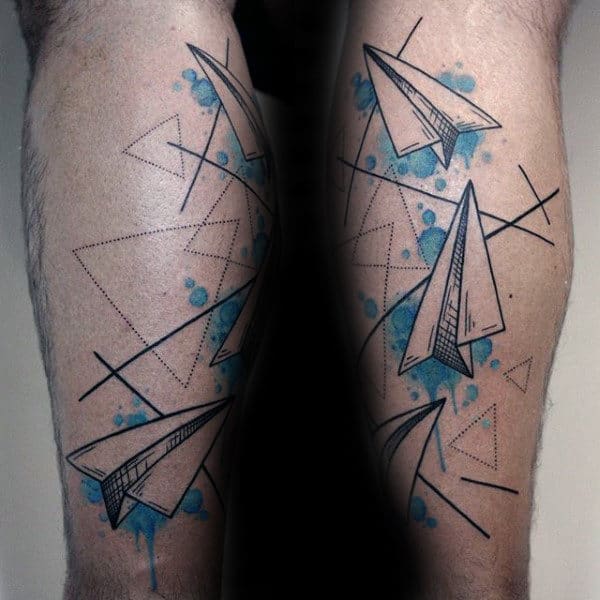 Absttract Mens Paper Airplane Tattoo With Watercolor Background
