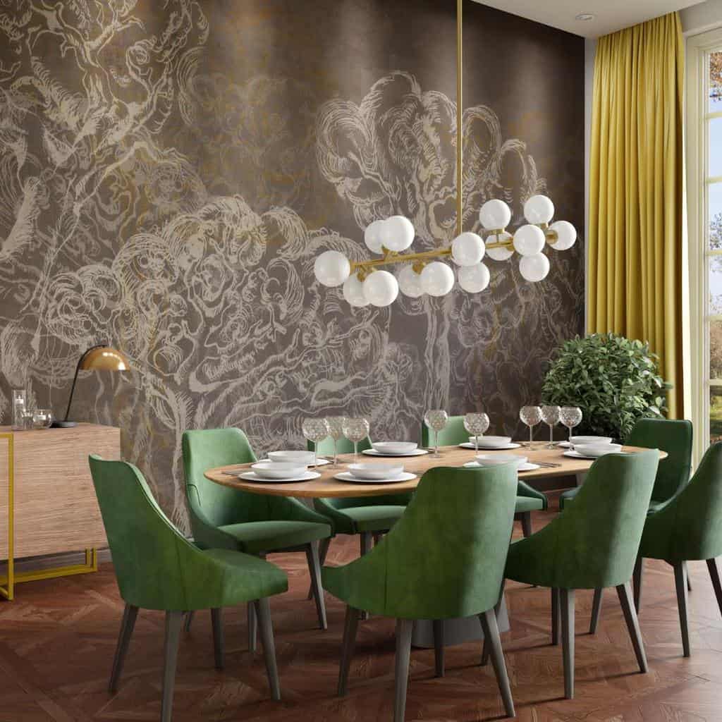 dining room accent wall tree wallpaper dining room table green seats sputnik chandelier