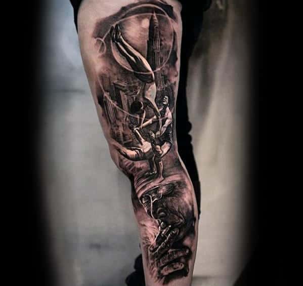 Arm tattoo featuring Spider-Man swinging through a cityscape with dynamic action poses and intricate black and white detailing