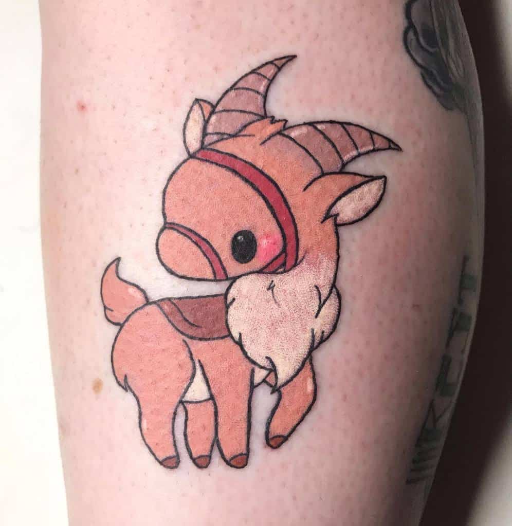 Adorable chibi-style tattoo of Yakul, Ashitaka’s loyal red elk, with a cute and simplified design inspired by Princess Mononoke.