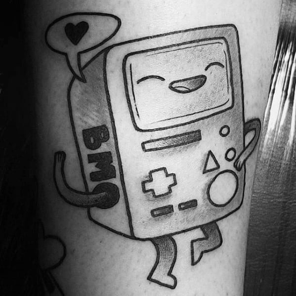 Black and grey Adventure Time tattoo of a smiling BMO with a speech bubble and heart, in a cheerful pose on the leg.