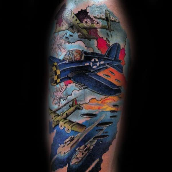 Aerial Warfare Mens Half Sleeve Tattoo Design