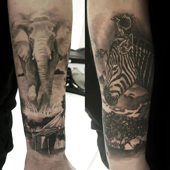 Africa Animals Guys Forearm Sleeve Shaded Tattoos