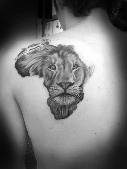 Africa Outline Guys Lion Tattoo On Back Of Shoulder