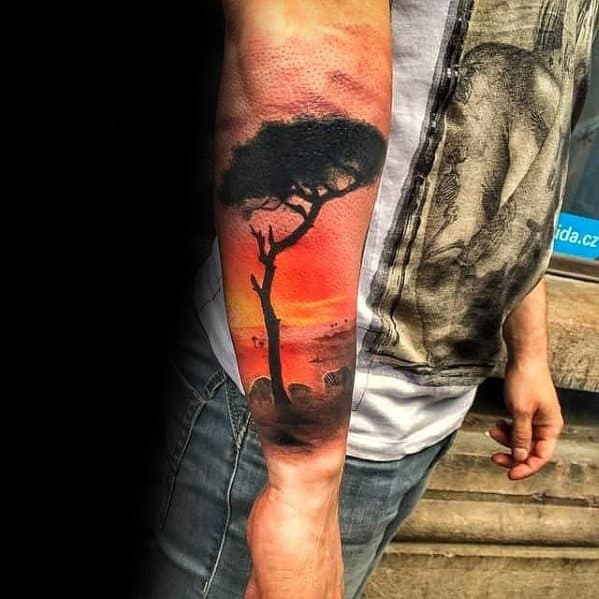 Africa Tree With Zebras And Sunset Mens Forearm Sleeve Tattoo