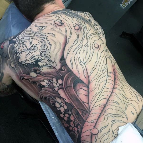 Agressive Japanese Tiger Back Tattoos For Guys