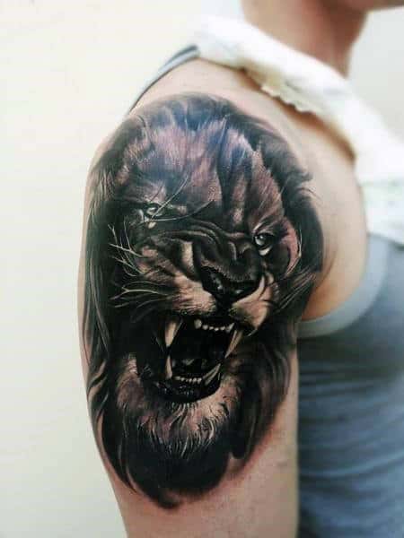 Agressive Lion Mens Realistic Shaded Upper Arm Tattoos