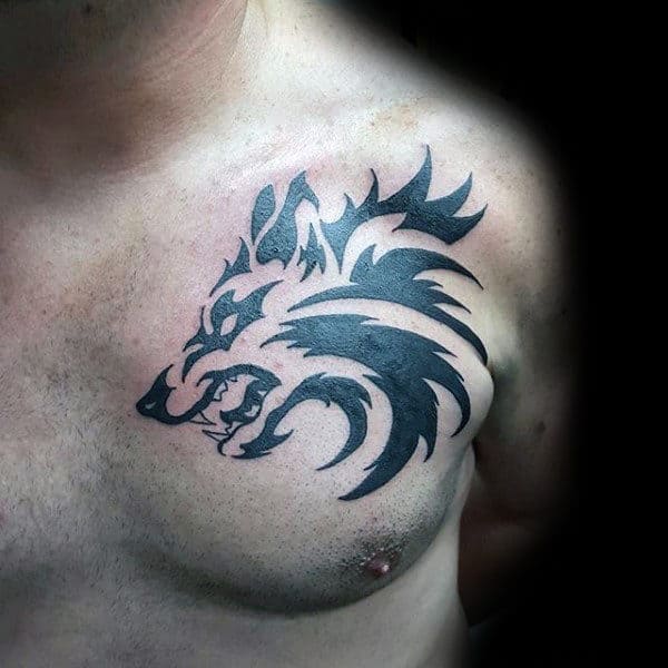 Agressive Looking Tribal Wolf Male Chest Tattoos