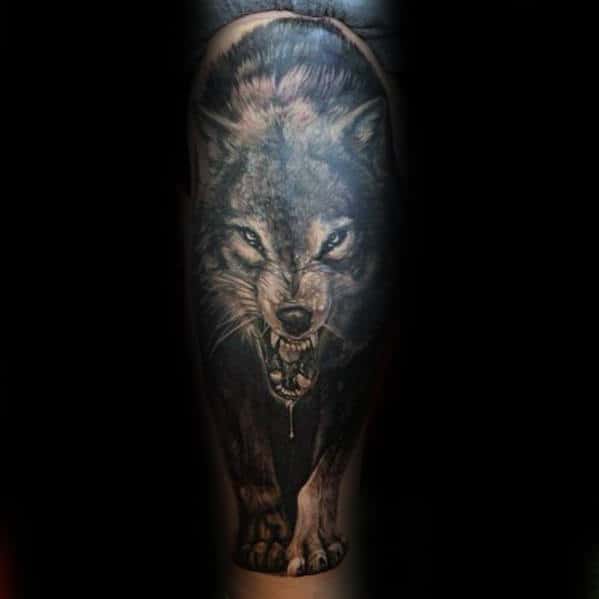 Agressive Wolf Guys Back Of Leg Realistic Tattoo Design Ideas