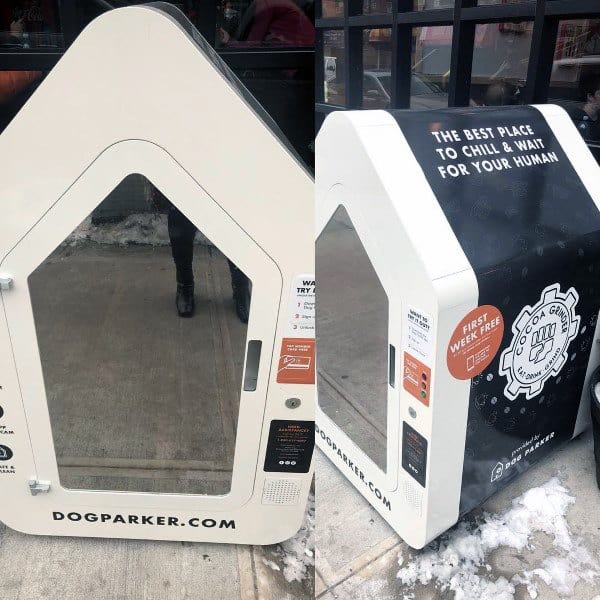 Dog-shaped house parking station on a sidewalk for pets to wait