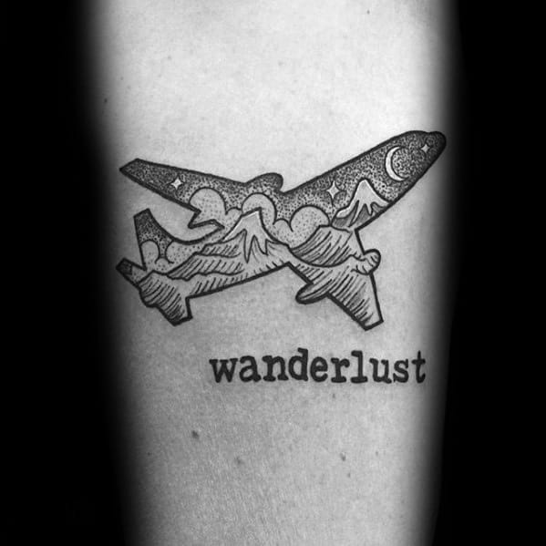 Airplane With Mountian Landscape Guys Wanderlust Forearm Tattoo