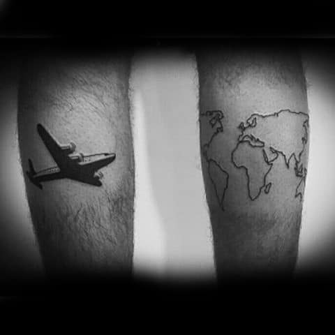 Airplane With Outline Of World Map Mens Travel Tattoos On Both Legs