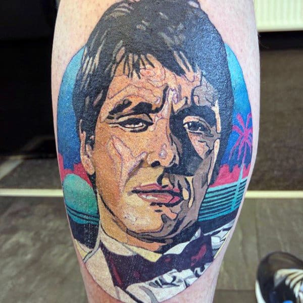 Al Pacino Mens Colorful Scarface Leg Calf Tattoo
