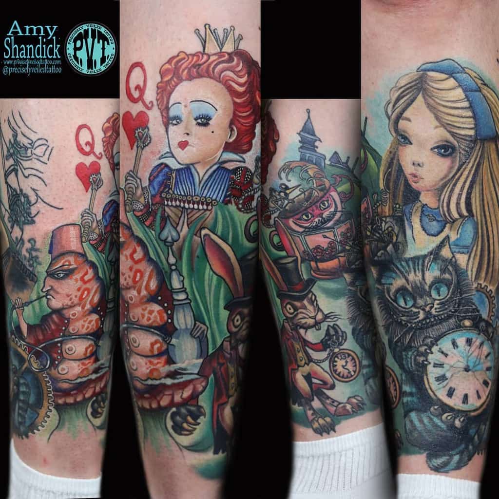 Colorful Alice in Wonderland-themed tattoo featuring characters and whimsical elements