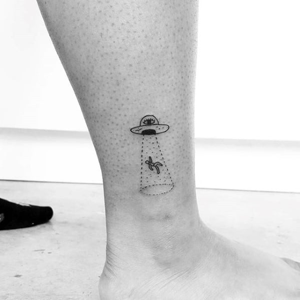 Alien Abduction Themed Simple Leg Tattoo On Gentleman