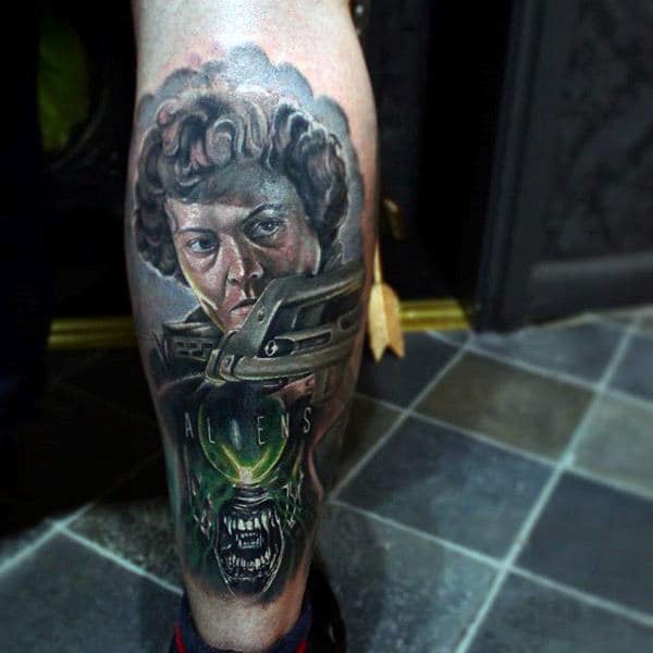 Alien Movie Themed Male Leg Tattoos