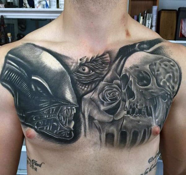 Alien Skull With Rose Flower Mens Shaded Upper Chest Tattoos
