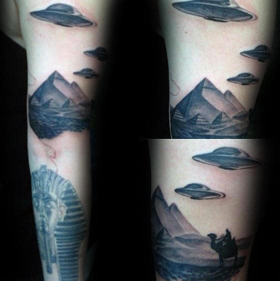 Alien Space Craft Flying Over Pyramids Mens Arm Tattoos