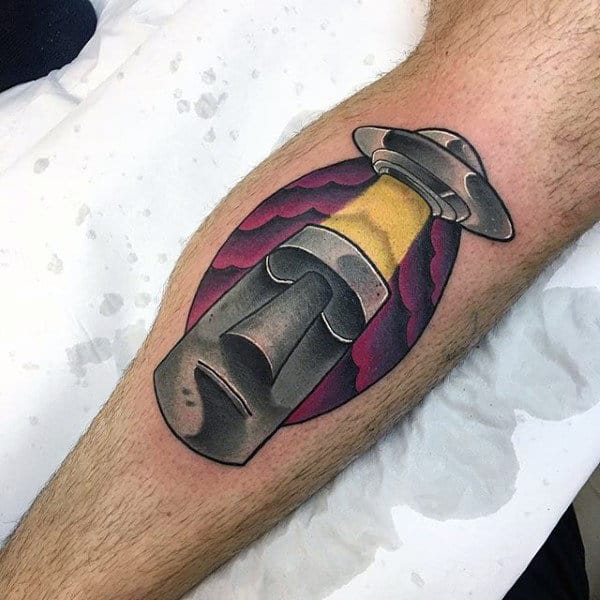 Alien Spacecraft With Stone Monument Mens Leg Calf Tattoo