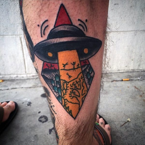 Alien Spaceship Abducting People Tattoo Guys Calves