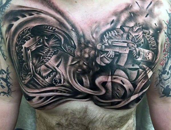 Alien Themed Mens Upper Chest Tattoos