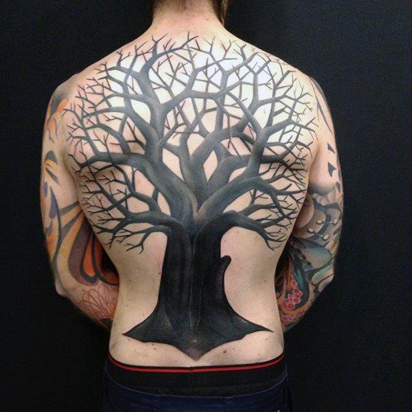 All Black Ink Tree Full Back Mens Tattoo Designs