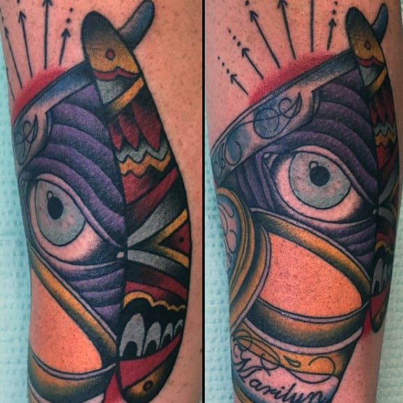All Seeing Eye Barber Guys Tattoo With Straight Razor In Full Color Ink