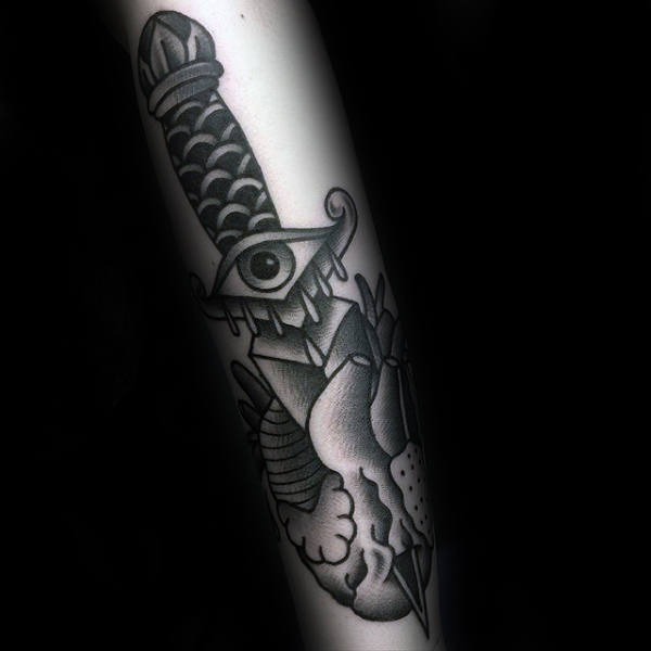 All Seeing Eye Dagger Traditional Heart Mens Outer Forearm Shaded Tattoo Designs