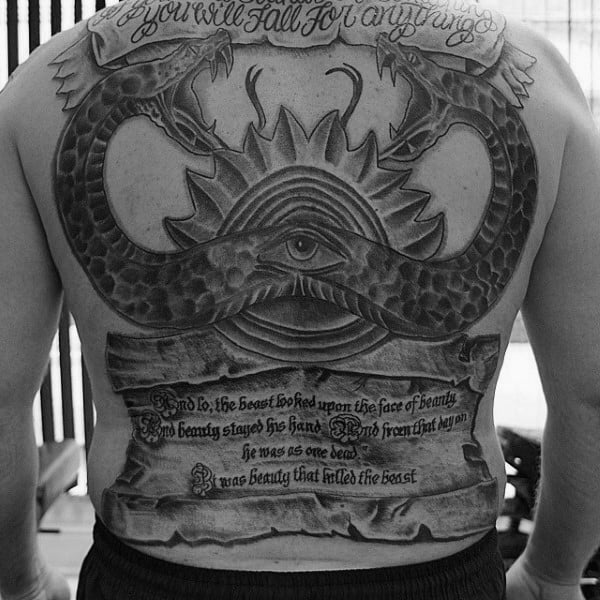 All Seeing Eye Guys Scroll Full Back Tattoos