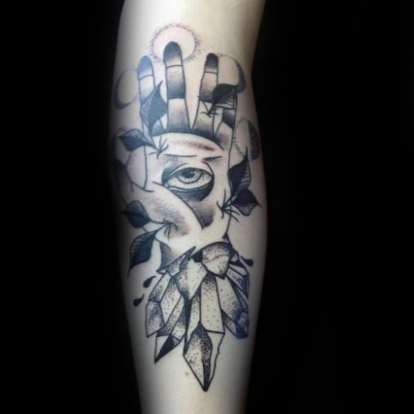 All Seeing Eye Hand With Moon Phases Mens Leg Tattoos
