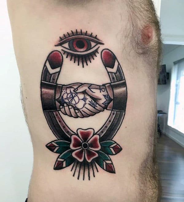 All Seeing Eye Handshake Horseshoe Mens Rib Cage Side Tattoos