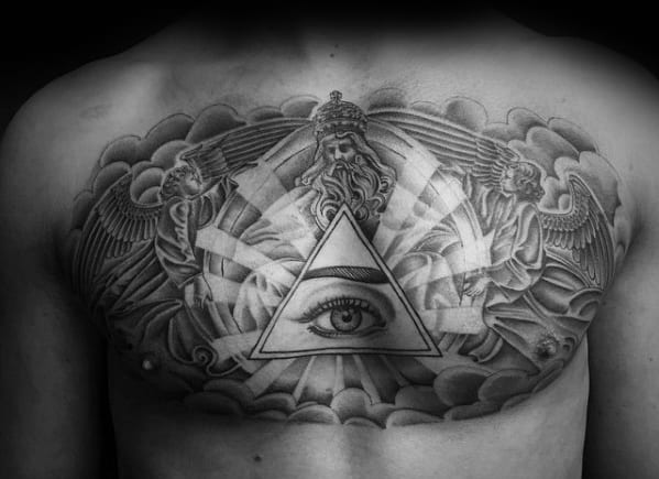 All Seeing Eye Male Cloud Chest Tattoo