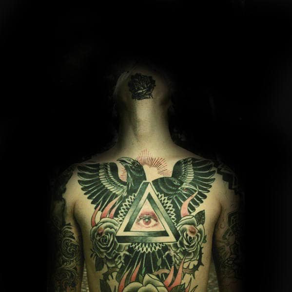 All Seeing Eye Mens Traditional Crow Full Chest Tattoos
