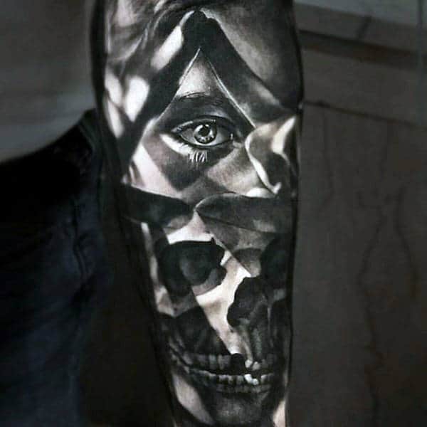 All Seeing Eye Skull Optical Illusion Forearm Sleeve Male Tattoo