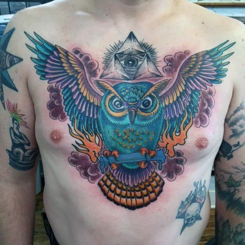 All Seeing Eye Soaring Chest Owl Tattoo On Gentleman