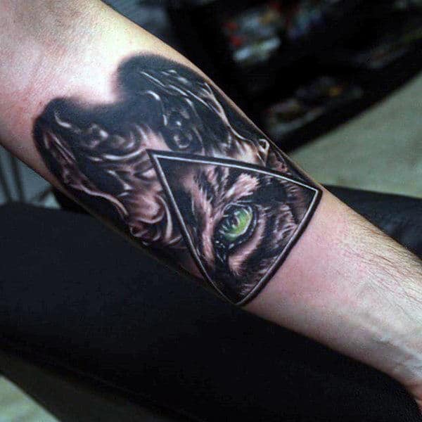 All Seeing Eye Tiger Triangle Mens Fire Inner Forearm Tattoo