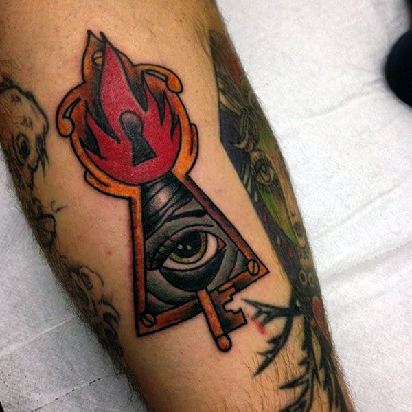 All Seeing Eye Triangle Keyhole Mens Tattoo With Gold Key