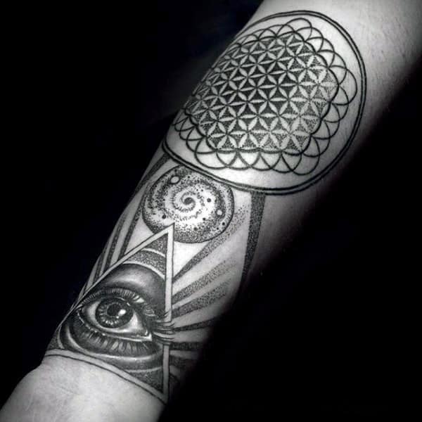All Seeing Eye With Dotwork Design Male Flower Of Life Tattoos