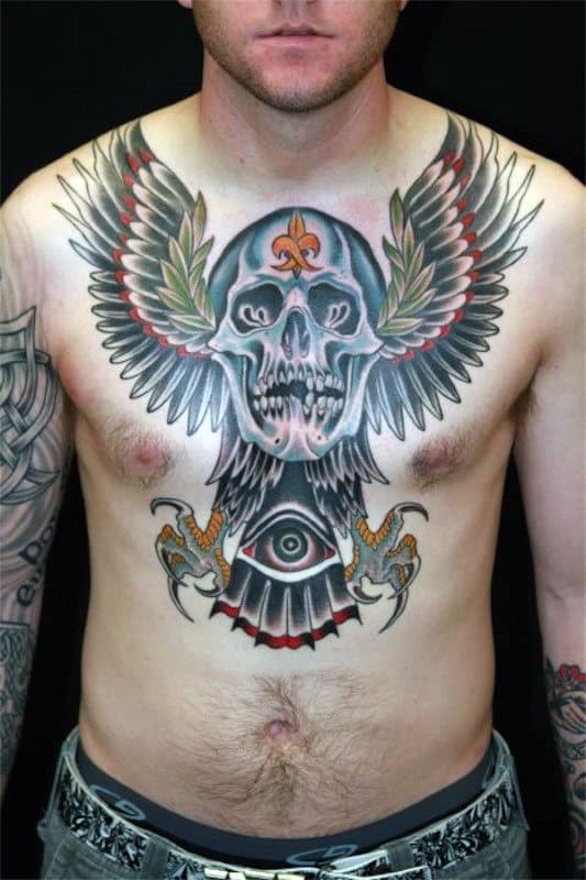 All Seeing Eye With Eagle Wings And Skull Male Chest Tattoos