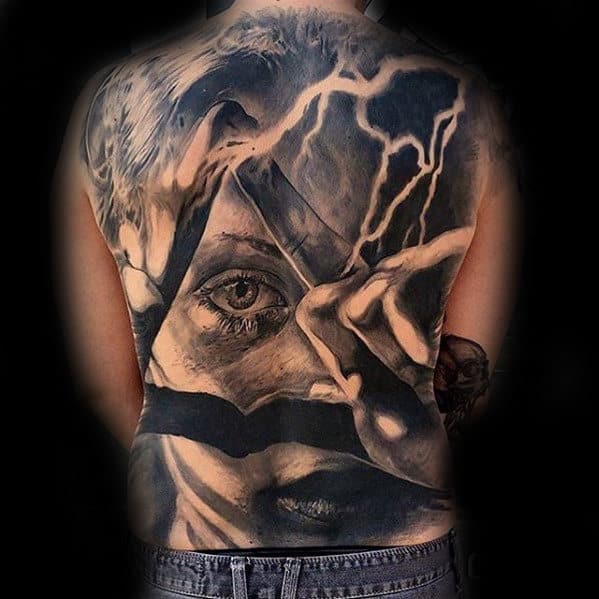 All Seeing Eye With Female Portrait Unbelievable Male Back Tattoos
