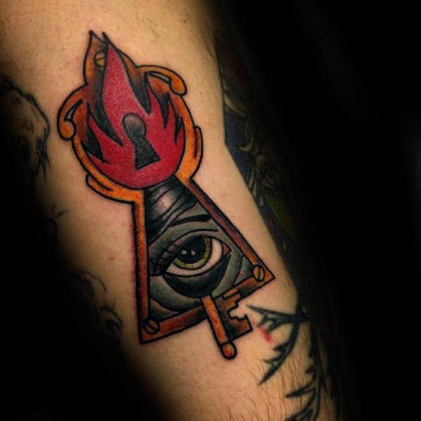 All Seeing Eye With Flame Mens Keyhole Arm Tattoos
