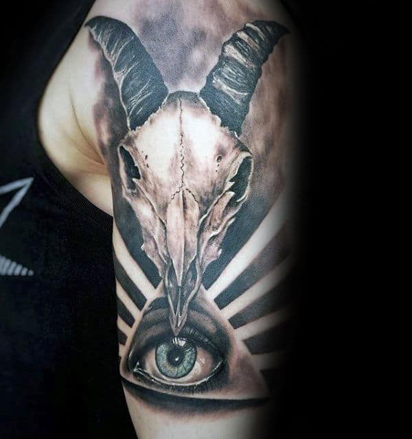 All Seeing Eye With Goat Skull Mens Capricorn Half Sleeve Tattoos