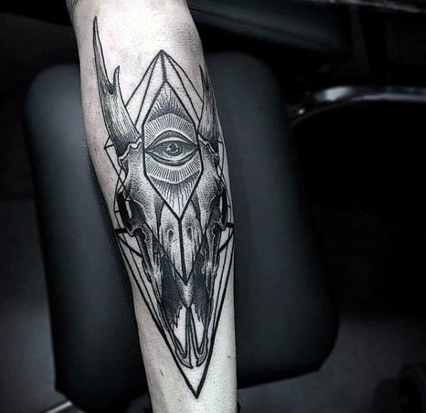 All Seeing Eye With Goat Skull Mens Geometric Outer Forearm Tattoo Inspiration