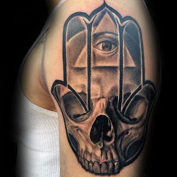 All Seeing Eye With Hamsa Skull Guys Arm Tattoos