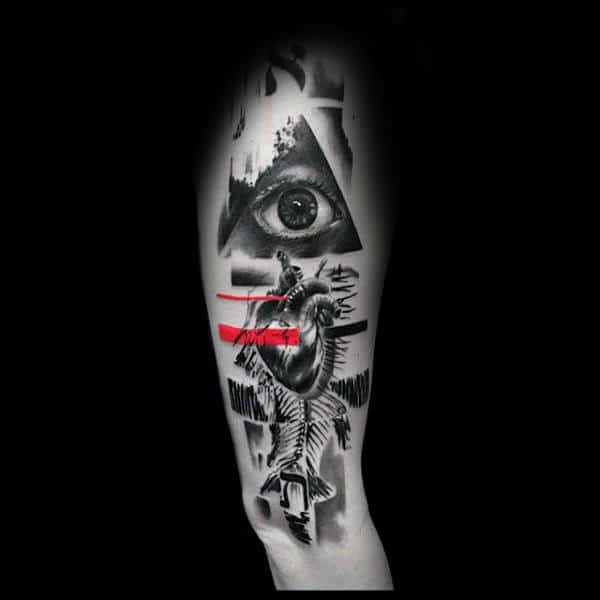 All Seeing Eye With Heart Trash Polka Mens Arm Tattoos